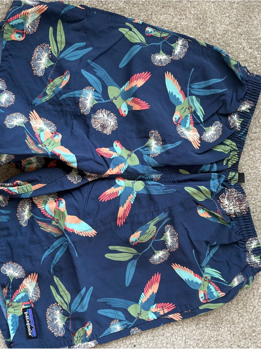 Patagonia Baggies 7” Navy Parrot Print Shorts